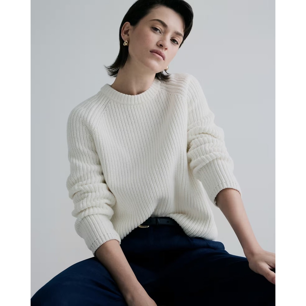 Quince Women Ivory Organic Cotton Fisherman Crewneck Ribbed Sweater Size S